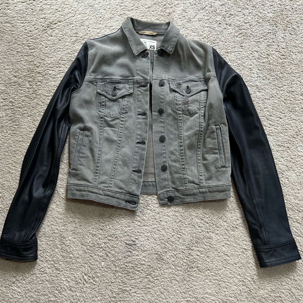 Rag and Bone Store Exclusive Grey Denim Black Leather Sleeve Jacket Women’s XS